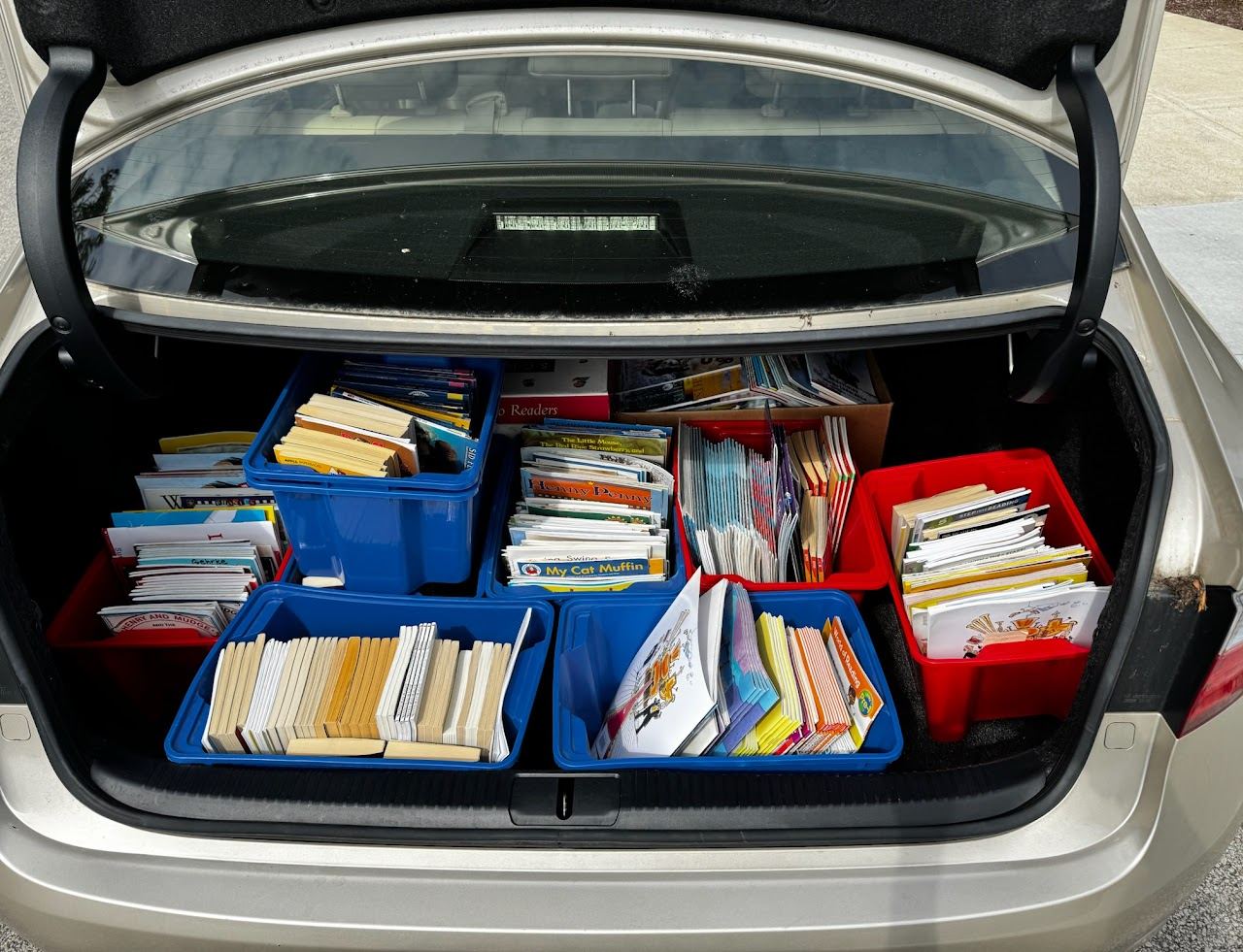 A car trunk organized with bins of donated books ready for delivery